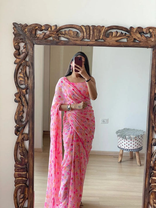 1 Min Ready To Wear A Pink Fox Georgette Saree With Blouse Piece