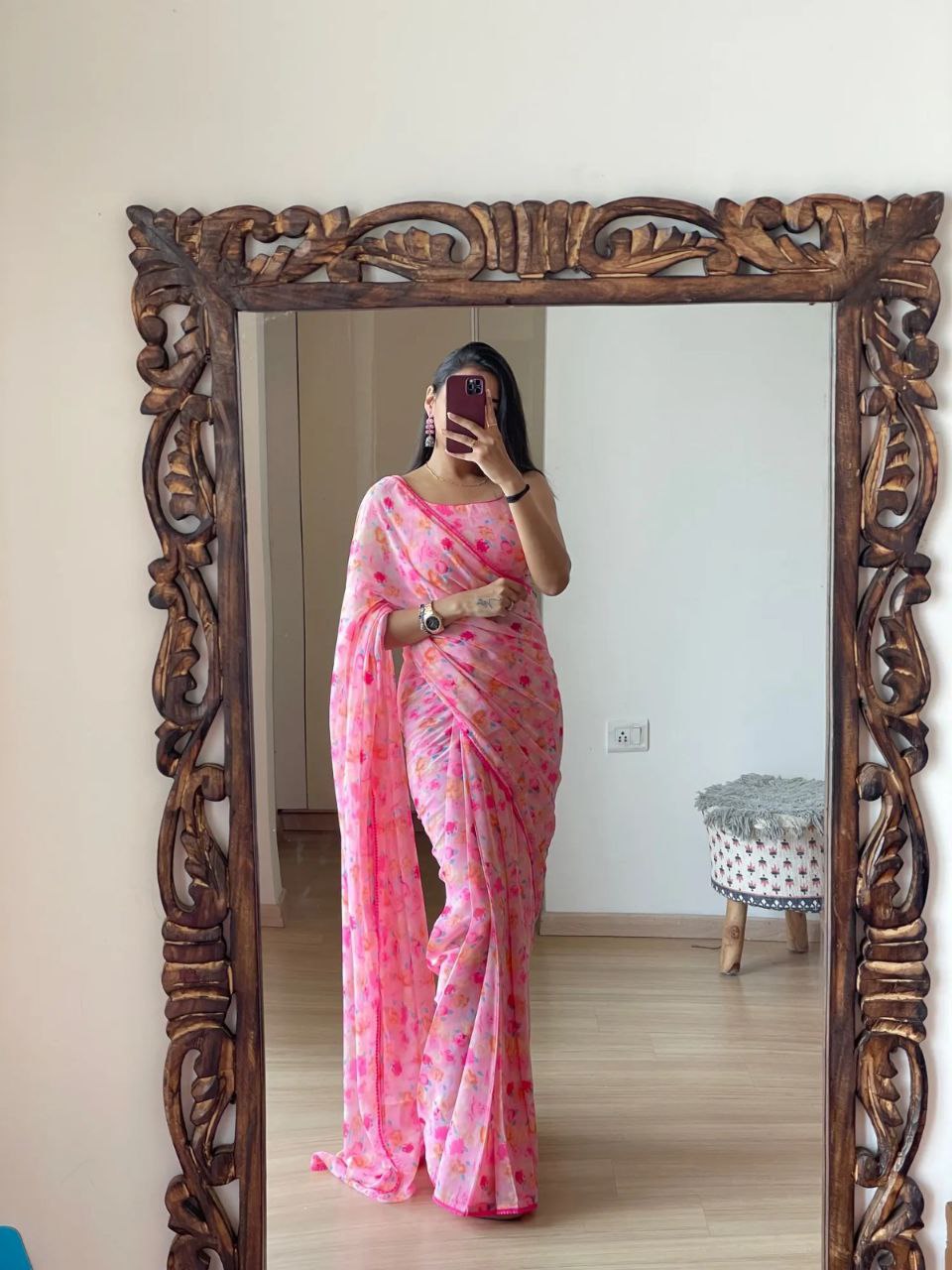 1 Min Ready To Wear A Pink Fox Georgette Saree With Blouse Piece