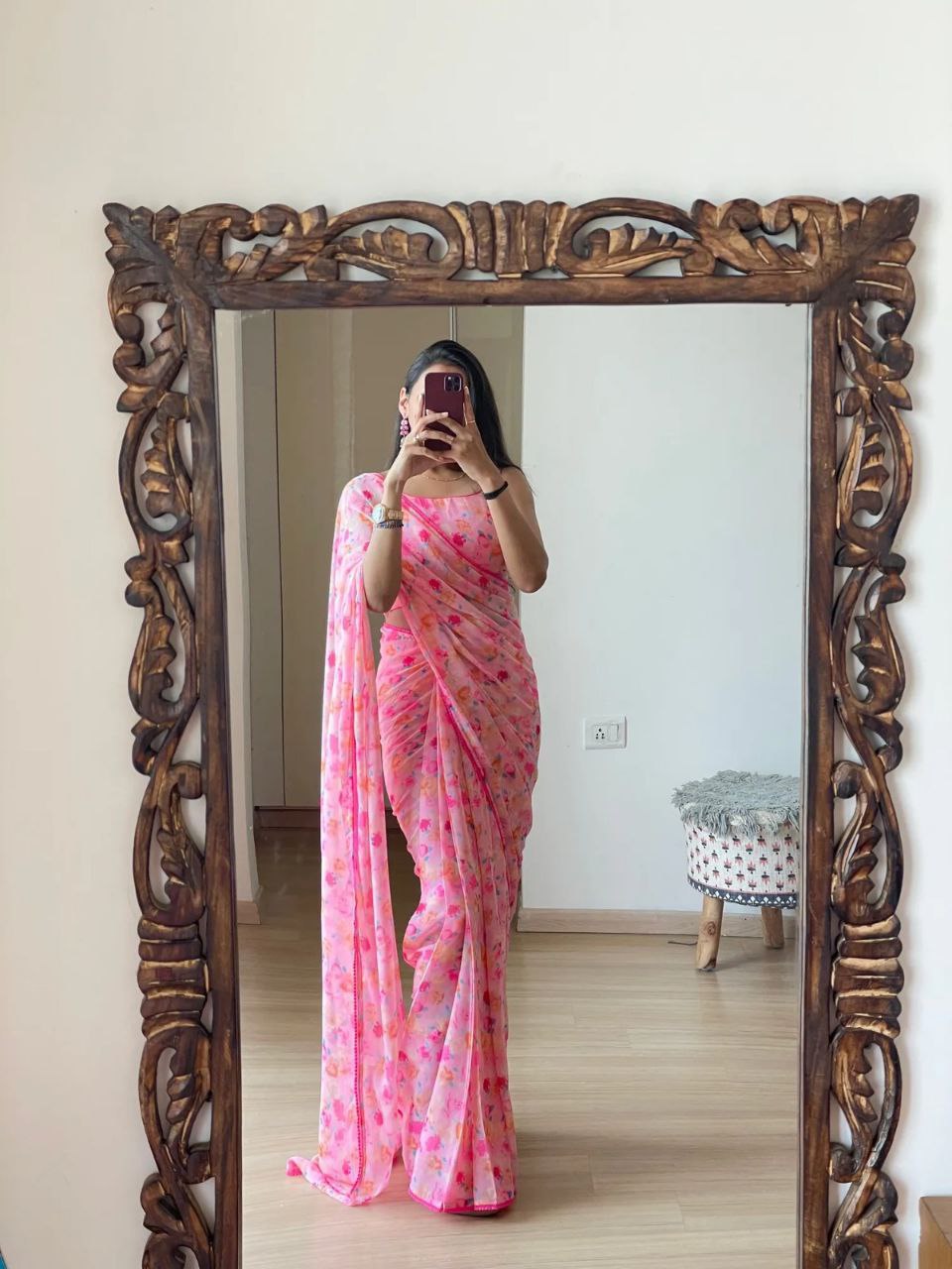 1 Min Ready To Wear A Pink Fox Georgette Saree With Blouse Piece