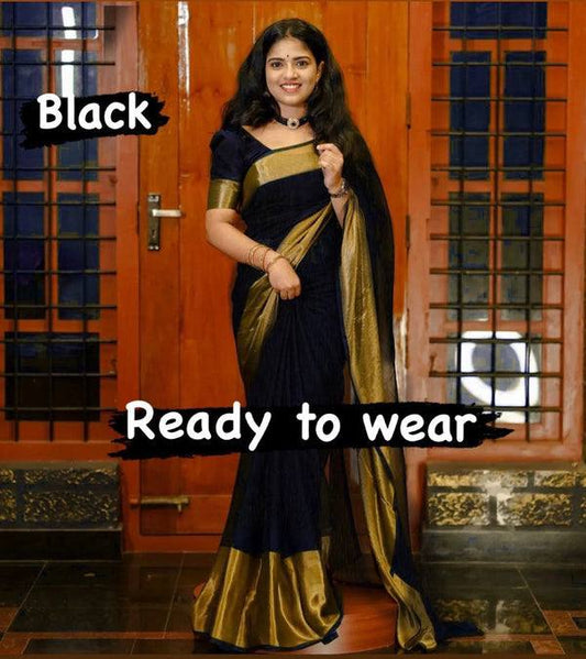 1 Min Ready To Wear Premium Black Chiffon Silk And Zari Patta Saree With Blouse Piece