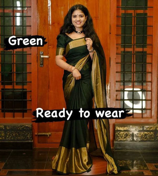 1 Min Ready To Wear Premium Green Chiffon Silk And Zari Patta Saree With Blouse Piece