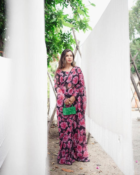 1 Min Ready To Wear A Black And Pink Flower Digital Print Saree With Blouse Piece