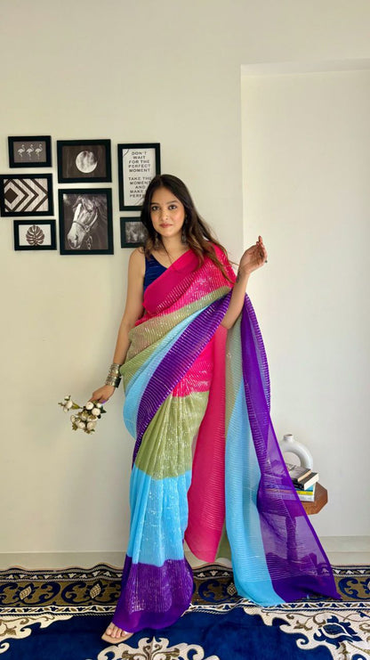 Aliya Celebrity Georgette With Seqwance Work Saree With Blouse Piece