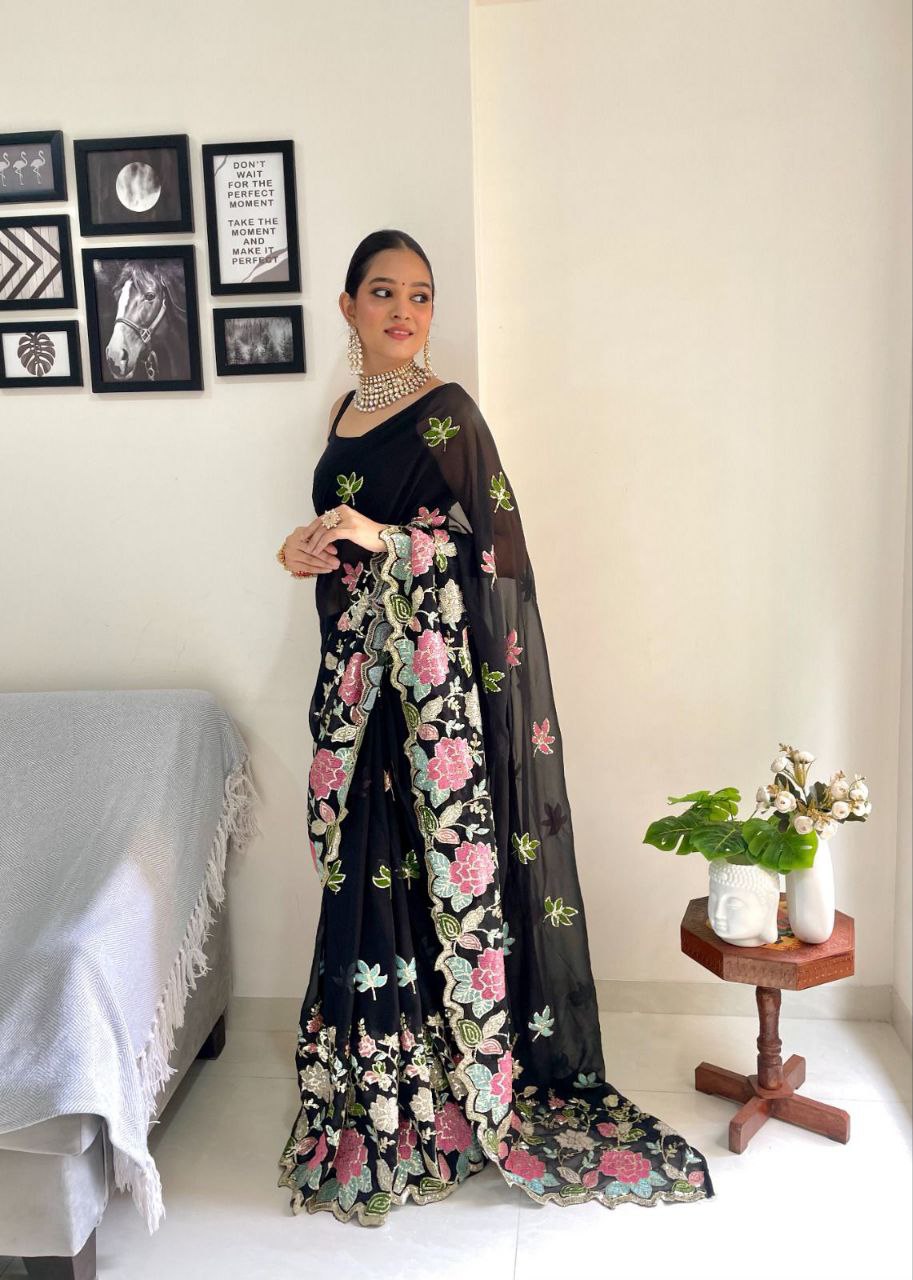 Beautiful Flower Design Seqwance Work And Black Saree With Blouse Piece