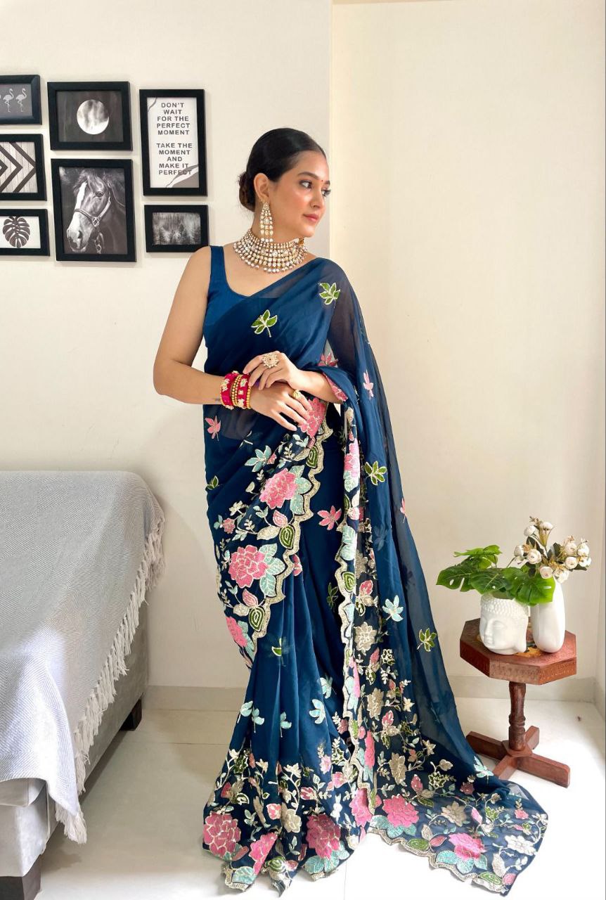 Beautiful Flower Design Seqwance Work And Rama Saree With Blouse Piece