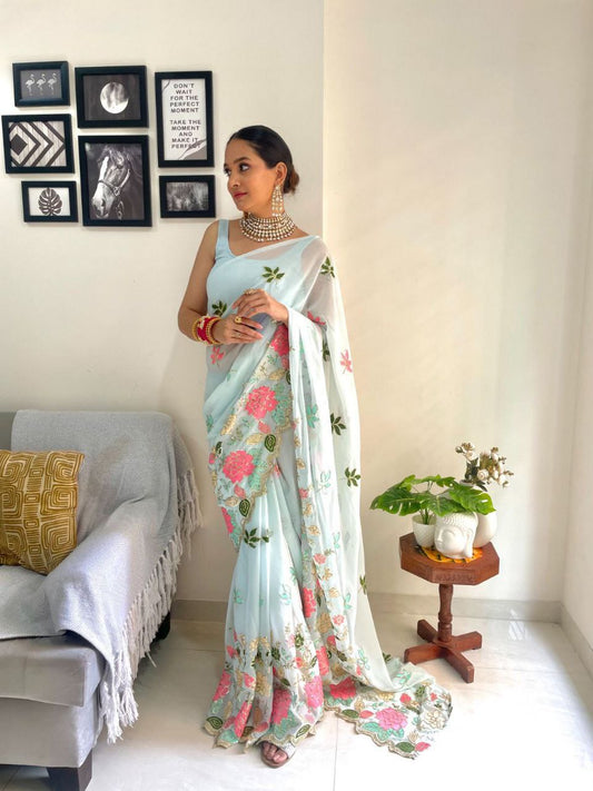 Beautiful Flower Design Seqwance Work And Sky Saree With Blouse Piece