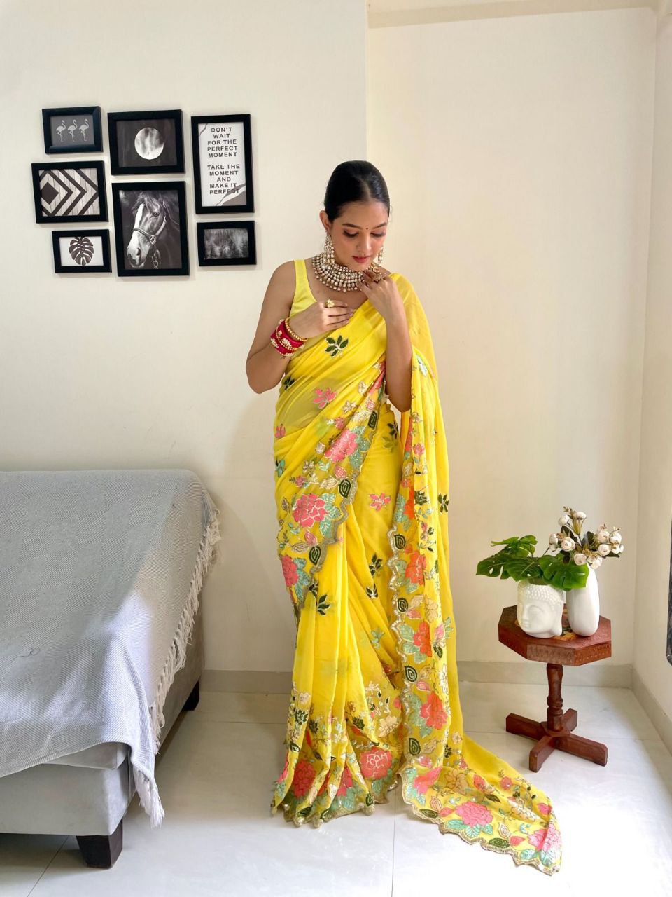 Beautiful Flower Design Seqwance Work And Yellow Saree With Blouse Piece