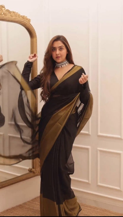 1 Min Ready To Wear A Black Chiffon Silk And Golden zari patta Saree With Blouse Piece