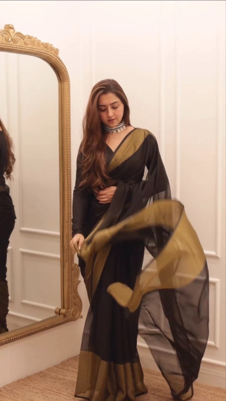 1 Min Ready To Wear A Black Chiffon Silk And Golden zari patta Saree With Blouse Piece