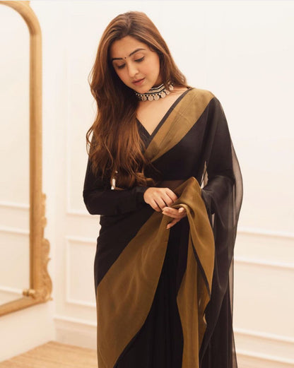 1 Min Ready To Wear A Black Chiffon Silk And Golden zari patta Saree With Blouse Piece