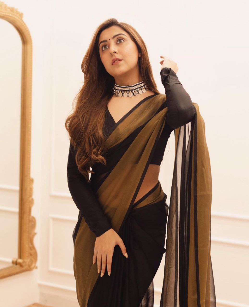 1 Min Ready To Wear A Black Chiffon Silk And Golden zari patta Saree With Blouse Piece