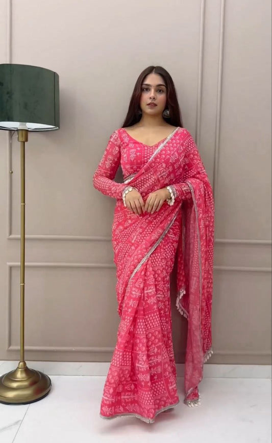 1 Min Ready To Wear Pink Fox Georgette Digital Bhadhani Print Saree With Unstitch Blouse.