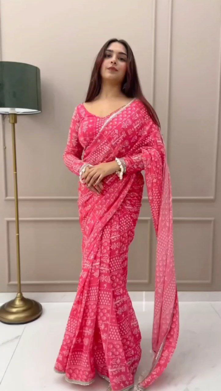 1 Min Ready To Wear Pink Fox Georgette Digital Bhadhani Print Saree With Unstitch Blouse.