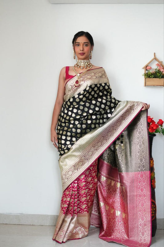 1 Minite Ready To Wear A Premium Black Soft Linen Silk Saree With Blouse Piece.