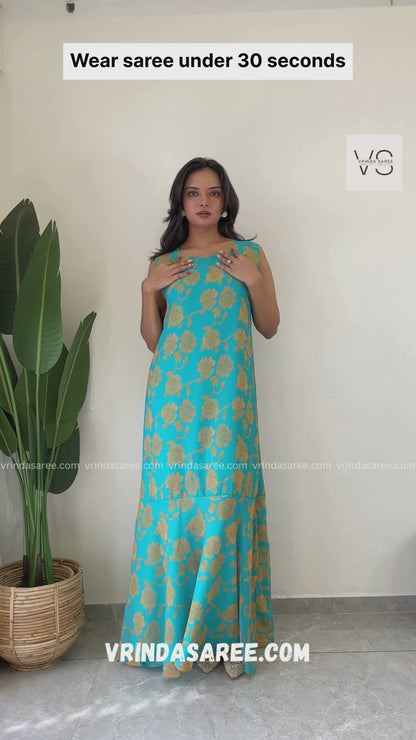 1   Min  Pre Draped Saree Gown Crush With Aqua Green Colour