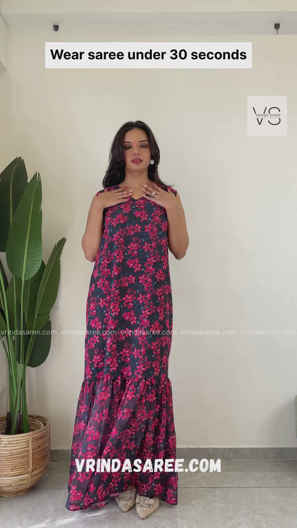 1   Min  Pre Draped Saree Gown Dark Pink Flowers Design