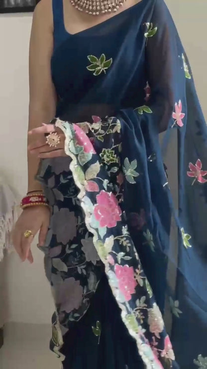 Beautiful Flower Design Seqwance Work And Rama Saree With Blouse Piece