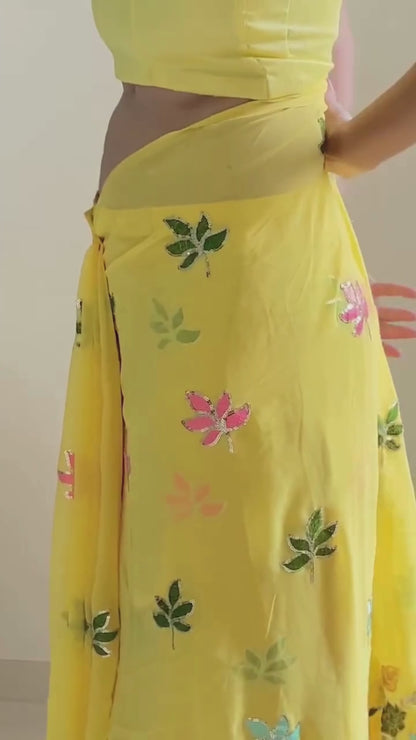 Beautiful Flower Design Seqwance Work And Yellow Saree With Blouse Piece