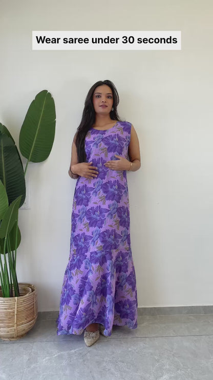 1   Min  Pre Draped Saree Gown Crush With Purple Flower Colour