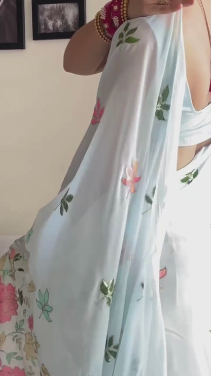 Beautiful Flower Design Seqwance Work And Sky Saree With Blouse Piece