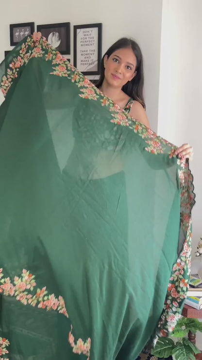 Stylish Embroidery With Seqwance Work Green Saree With Blouse Piece