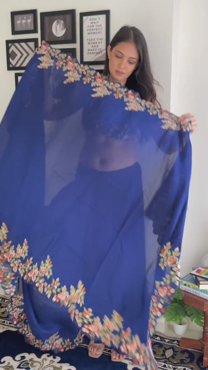 Stylish Embroidery With Seqwance Work Blue Saree With Blouse Piece