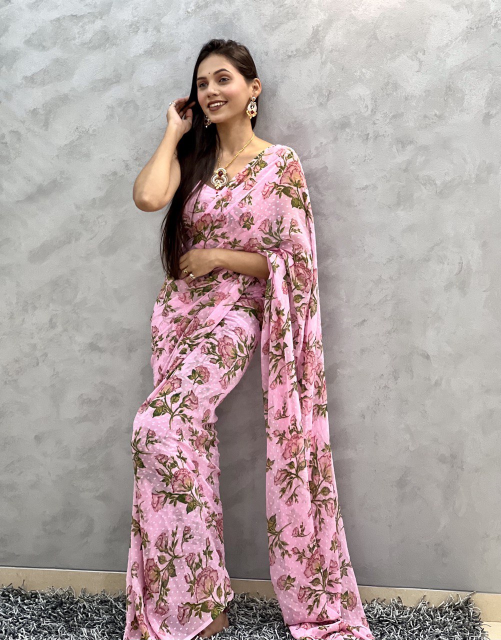 1 Min Ready To Wear Saree In Imported Pink Butti Chiffon With Heavy Blouse