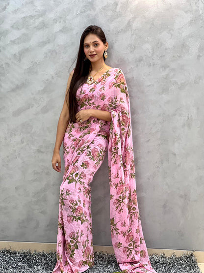 1 Min Ready To Wear Saree In Imported Pink Butti Chiffon With Heavy Blouse