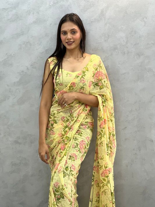 1 Min Ready To Wear Saree In Imported Yellow Butti Chiffon With Heavy Blouse