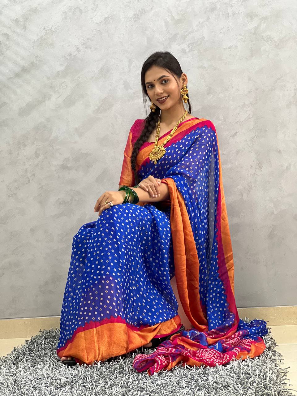 1 Min Ready To Wear Saree  In Navy Blue Bandhani Soft Chiffon With Blouse Piece