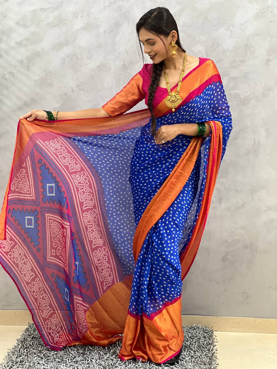 1 Min Ready To Wear Saree  In Navy Blue Bandhani Soft Chiffon With Blouse Piece