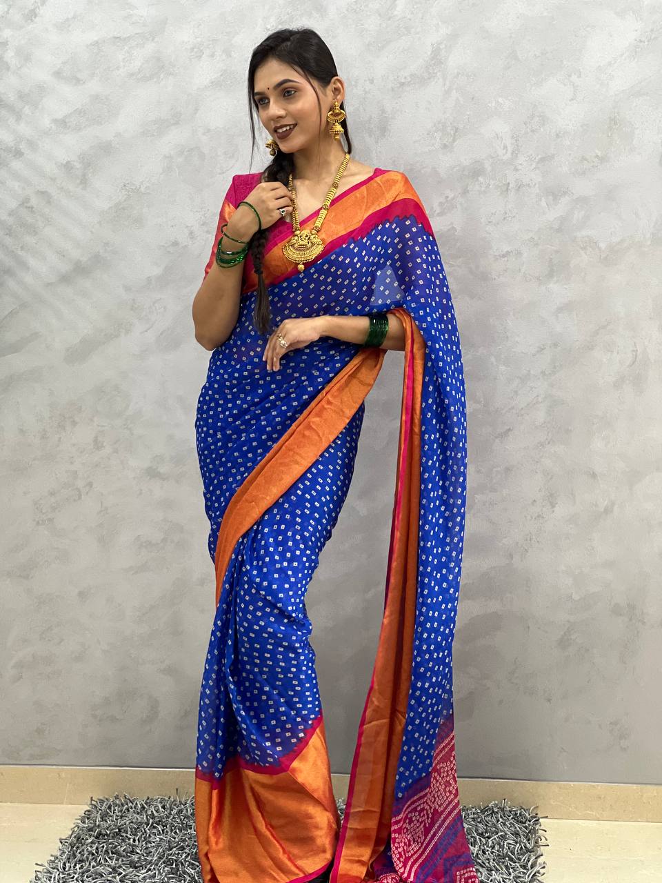 1 Min Ready To Wear Saree  In Navy Blue Bandhani Soft Chiffon With Blouse Piece