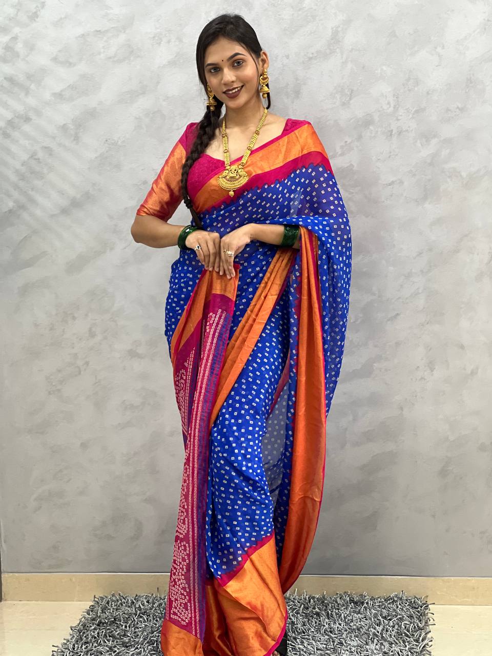 1 Min Ready To Wear Saree  In Navy Blue Bandhani Soft Chiffon With Blouse Piece