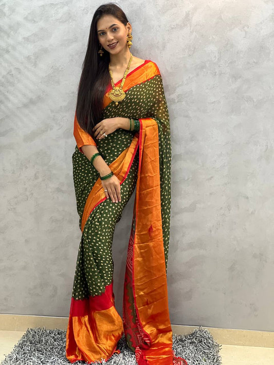 1 Min Ready To Wear Saree In Green Bandhani Soft Chiffon With Blouse Piece