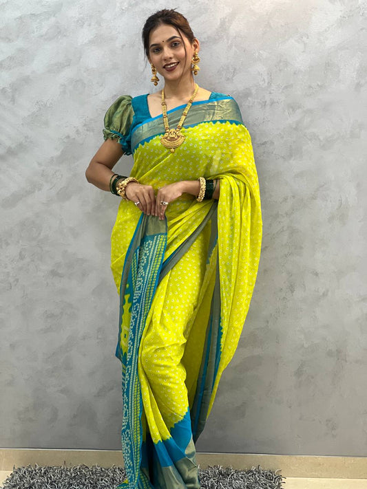 1 Min Ready To Wear Saree In  Yellow Bandhani Soft Chiffon With Blouse Piece