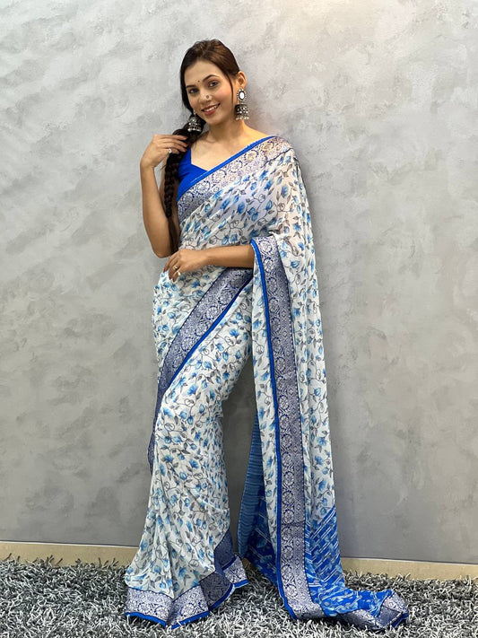 1 Min Ready To Wear Georgett Work Saree With Blouse piece